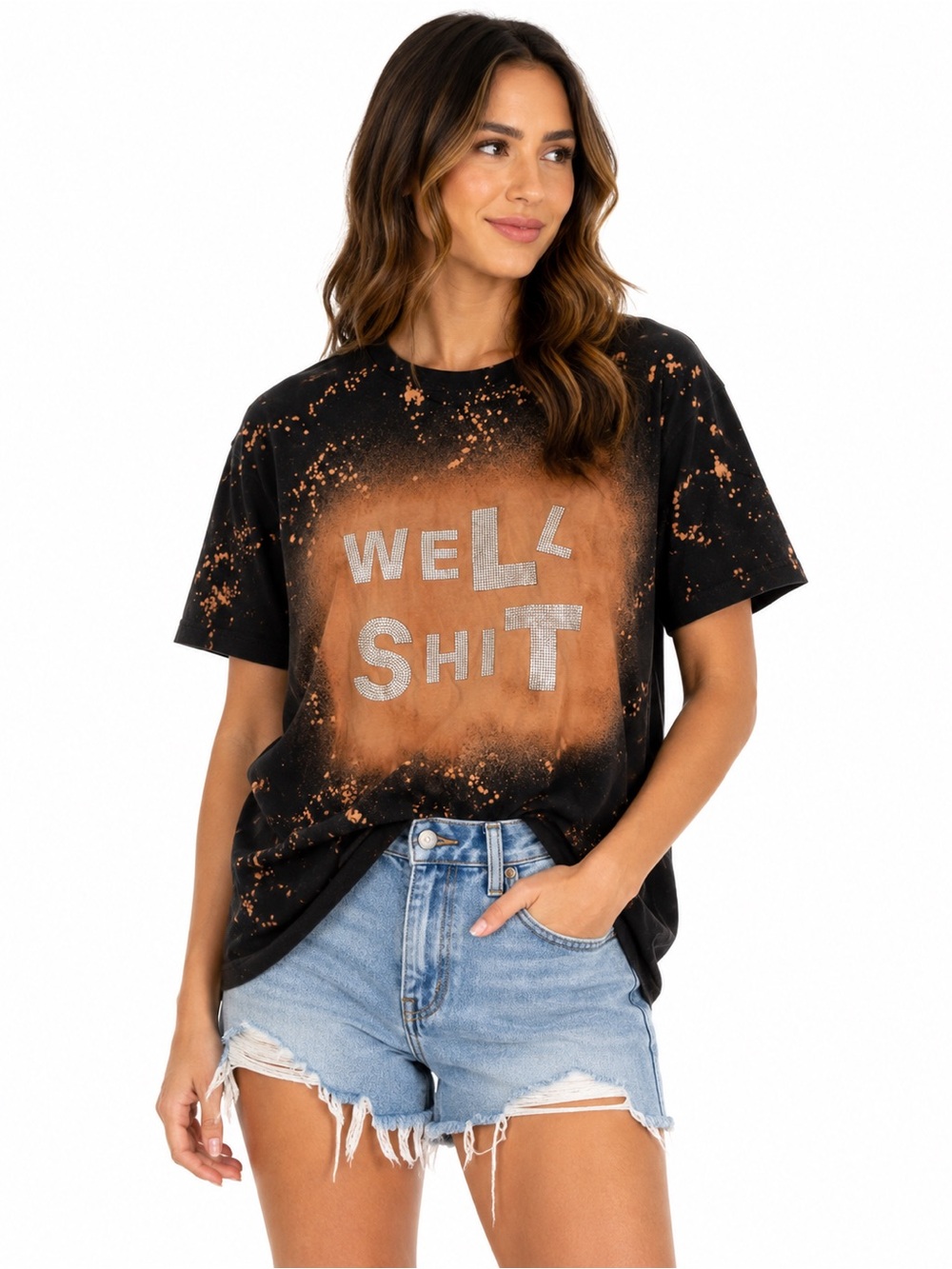 Bleach Splatter Rhinestone Graphic Tee “WELL SHIT” Black Medium